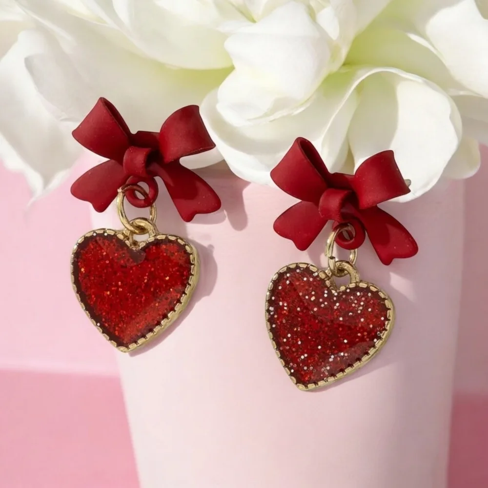 Red Heart & Bow Earrings Sparkling Alloy Gold Plated‎